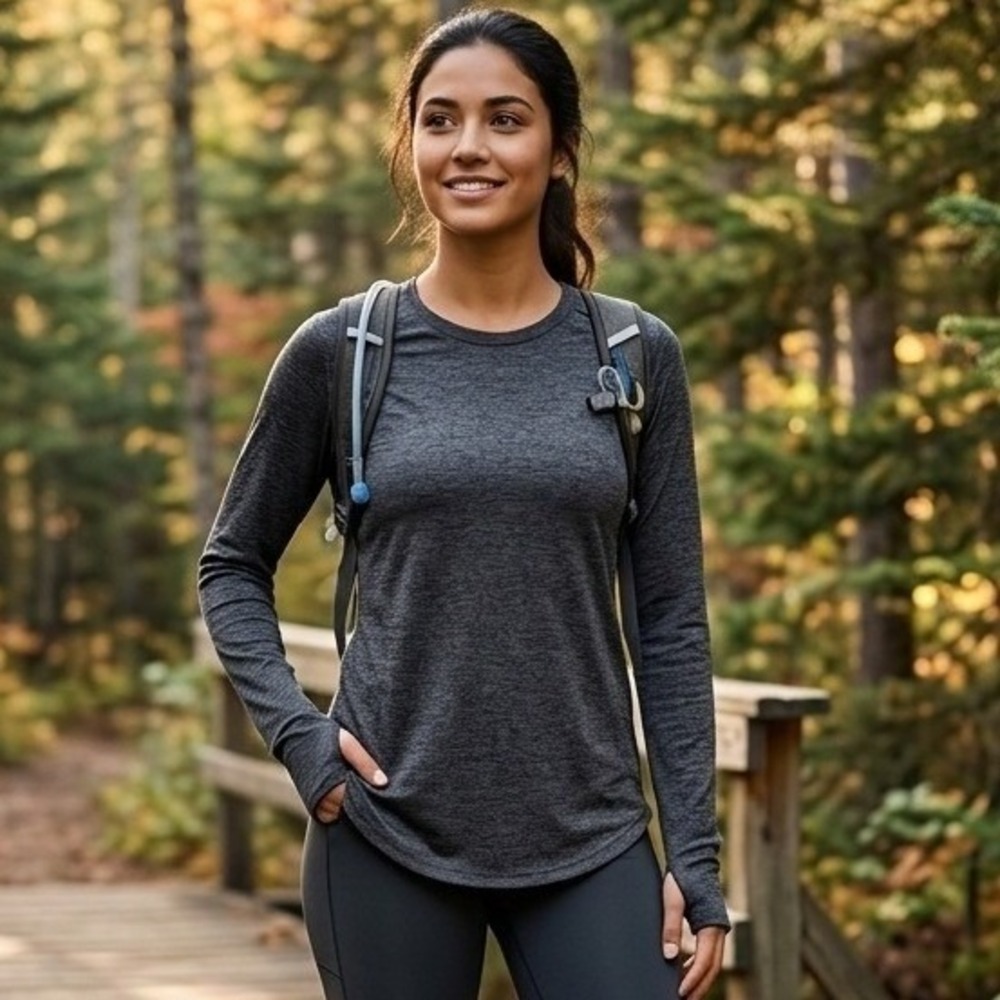 Zella Long Sleeve Top Womens M Charcoal Grey Stripe Thumbhole Activewear Shirt